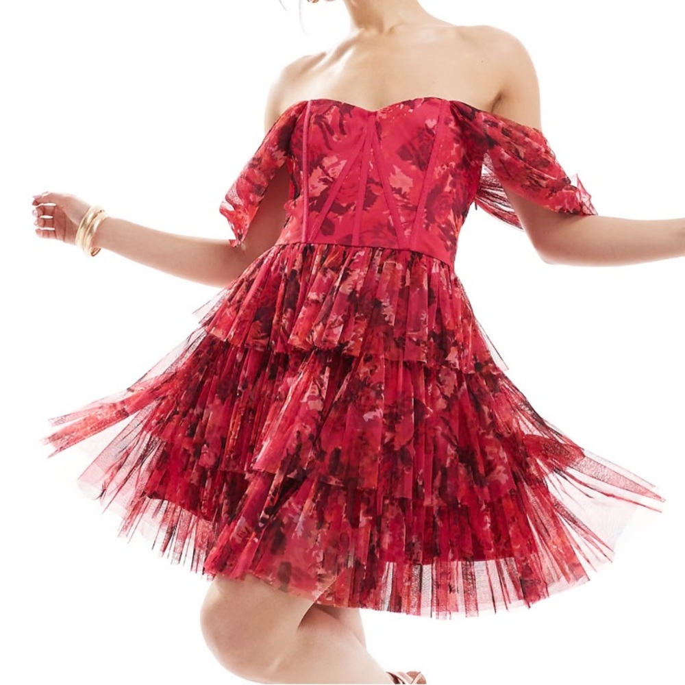 Lace & Beads tulle off-the-shoulder corset mini dress